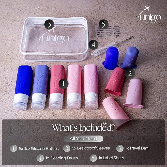 unigo Silicone Travel Bottles Set for Toiletries, Airplane Approved TSA Carry On Size, BPA Free Leakproof Refillable Squeeze Containers with Labels, Cleaning Brush and Covers (Purple)