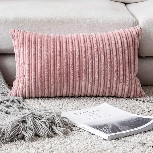 UGASA Velvet Pillow Covers Soft Striped Decorative Throw Cushion Case with Hidden Zipper for Valentine's Day Couch/Bedroom/Sofa, Cozy Solid Oblong Lumbar Pillowcase 1 Piece 12"x20", Baby Pink