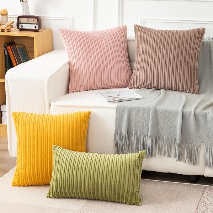 UGASA Pack of 2, Velvet Pillow Covers Striped, Soft Textured Throw Cushion Case Set, Accent Corduroy Lumbar Pillowcases with Hidden Zipper for Home Decor Indoor Outdoor (12"x20", Green)