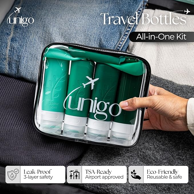 unigo Silicone Travel Bottles Set for Toiletries, Airplane Approved TSA Carry On Size, BPA Free Leakproof Refillable Squeeze Containers with Labels, Cleaning Brush and Covers (Green)