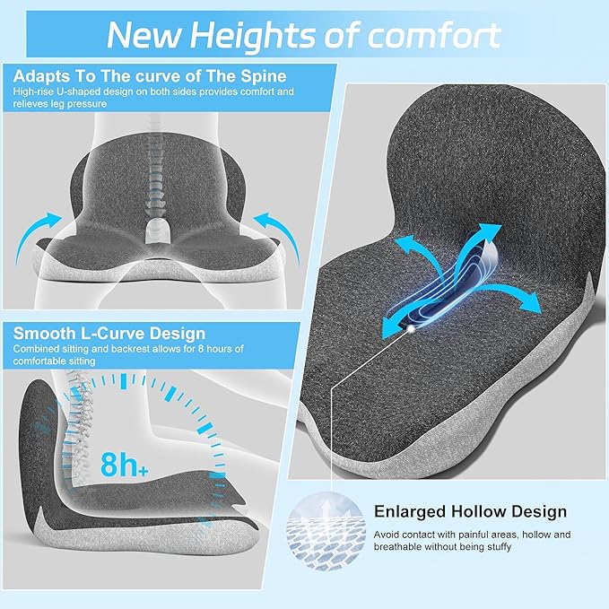 Truck Driver Seat Cushion, Memory Foam L-Shaped Ergonomic Cushion for Office Chairs, Comfort & Support for Long Sitting