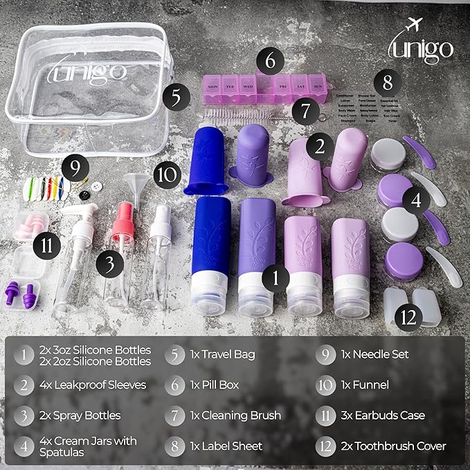 unigo Silicone Travel Bottles Set for Toiletries, Airplane Approved TSA Carry On Size, BPA Free Leakproof Refillable Squeeze Containers with Labels, Cleaning Brush and Covers (Purple)
