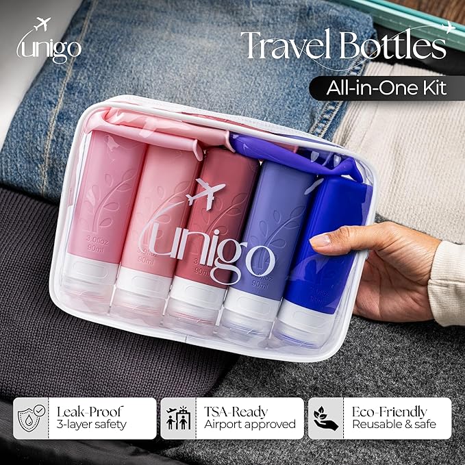unigo Silicone Travel Bottles Set for Toiletries, Airplane Approved TSA Carry On Size, BPA Free Leakproof Refillable Squeeze Containers with Labels, Cleaning Brush and Covers (Purple)