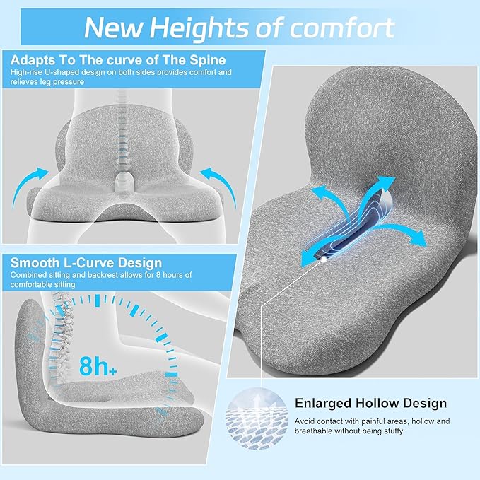 Truck Driver Seat Cushion, Memory Foam L-Shaped Ergonomic Cushion for Office Chairs, Comfort & Support for Long Sitting