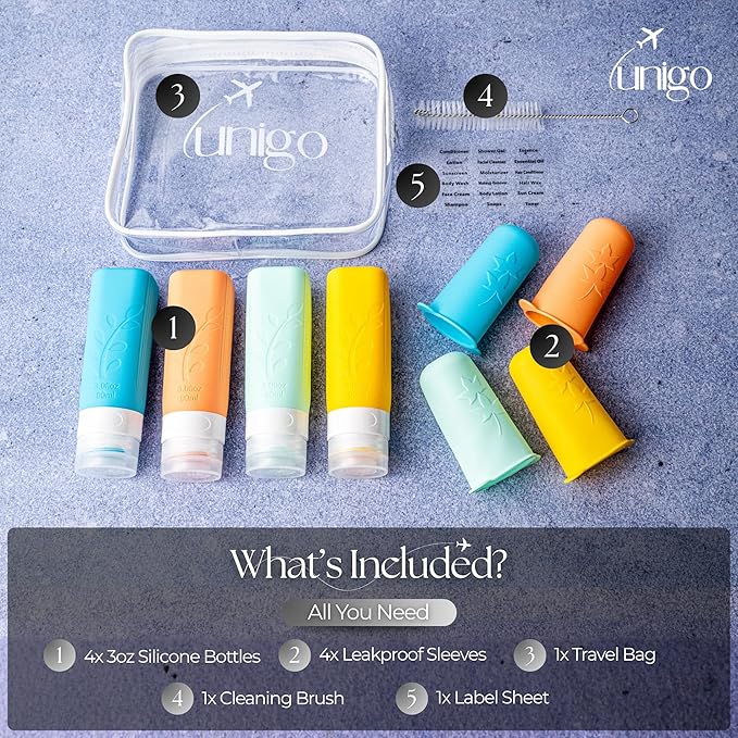 unigo Silicone Travel Bottles Set for Toiletries, Airplane Approved TSA Carry On Size, BPA Free Leakproof Refillable Squeeze Containers with Labels, Cleaning Brush and Covers (Multicolor B)