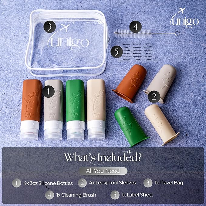 unigo Silicone Travel Bottles Set for Toiletries, Airplane Approved TSA Carry On Size, BPA Free Leakproof Refillable Squeeze Containers with Labels, Cleaning Brush and Covers (Multicolor C)